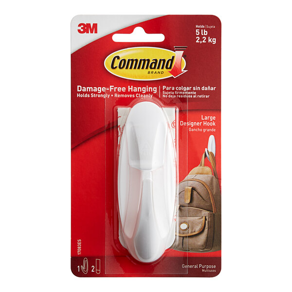 A white plastic package containing a 3M Command large white designer hook.