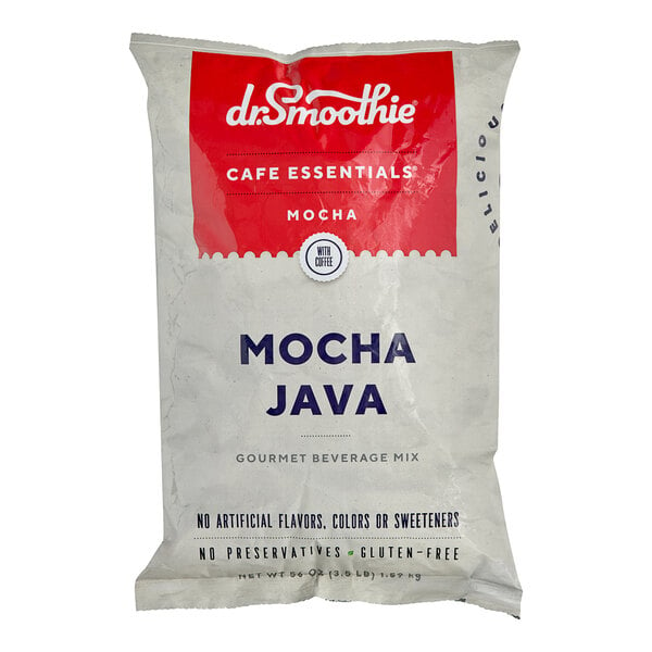 A white bag of Dr. Smoothie Cafe Essentials Mocha Java Beverage Mix with red and white text.