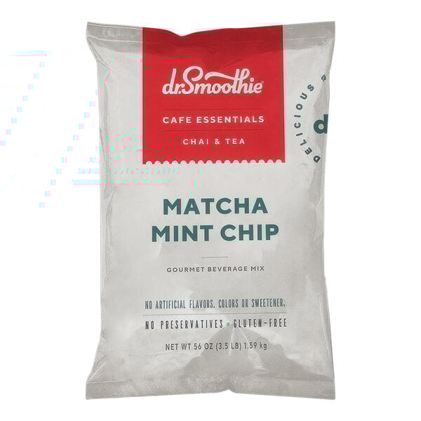 A white bag of Dr. Smoothie Cafe Essentials Matcha Mint Chip Beverage Mix with a red label.