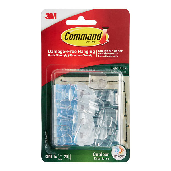 A package of 3M Command clear plastic outdoor light clips.