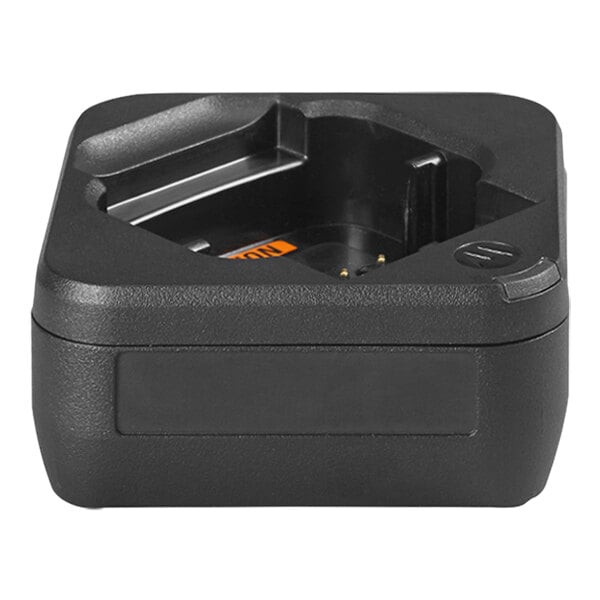A black plastic Motorola Single-Unit Charger for DLR Series on a table.