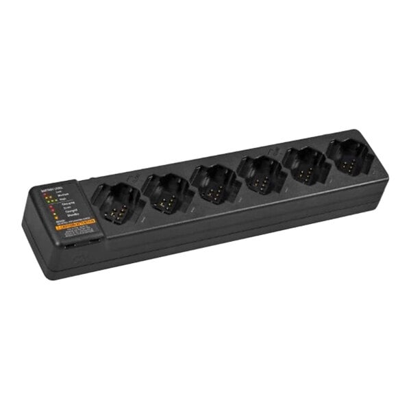 A black Motorola charger with six charging slots.
