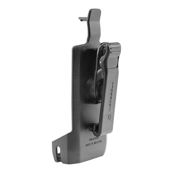 A black plastic Motorola swivel holster with a clip.
