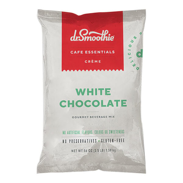 A white package of Dr. Smoothie Cafe Essentials White Chocolate Beverage Mix with red and green text.