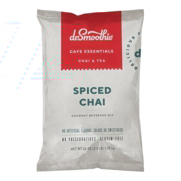 A white bag of Dr. Smoothie Spiced Chai Beverage Mix with red and white text.