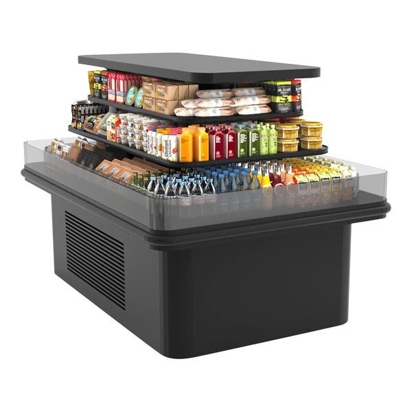 A black Hussmann Entyce island multi-deck display case with food on it.