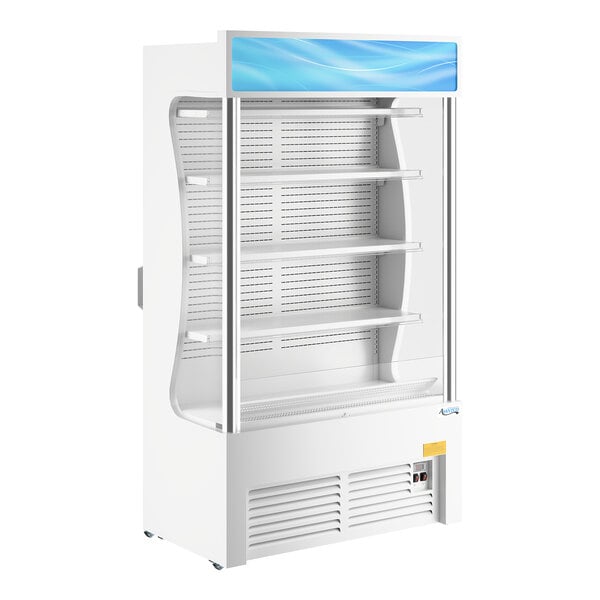 A white refrigerated air curtain merchandiser with multiple shelves and a customizable top panel.
