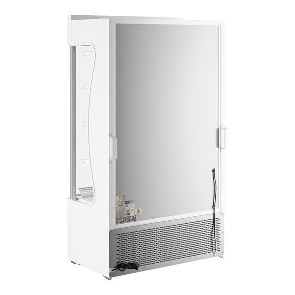 A white refrigerated air curtain merchandiser with a customizable exterior and a glass front.