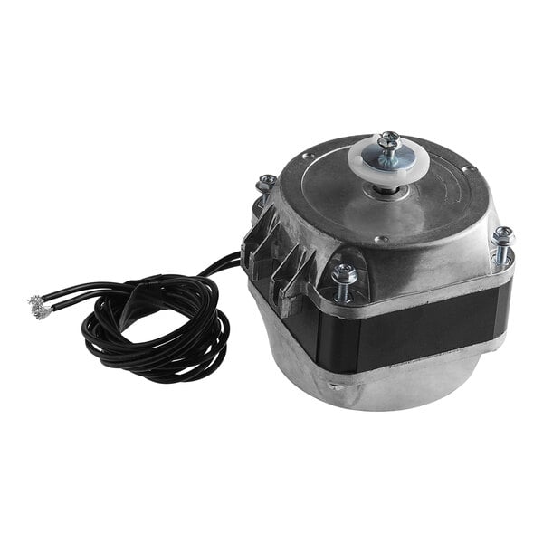 An Avantco condenser fan motor with wires and a black cover.
