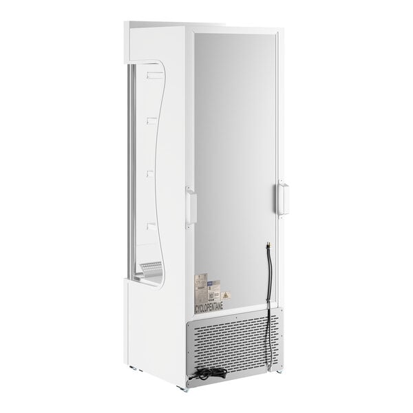 A white refrigerated air curtain merchandiser with a glass front door and customizable exterior.