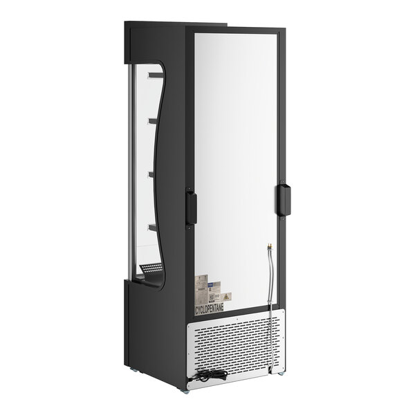 A black refrigerated air curtain merchandiser with a glass front and customizable display shelves.