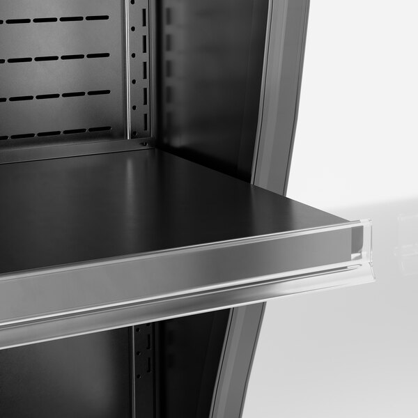 A black refrigerated air curtain merchandiser with customizable shelving.