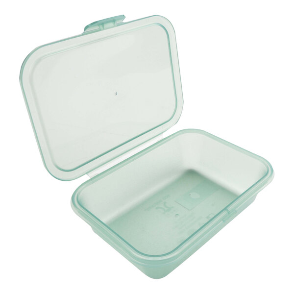 A jade green GET reusable hinged plastic take-out container.