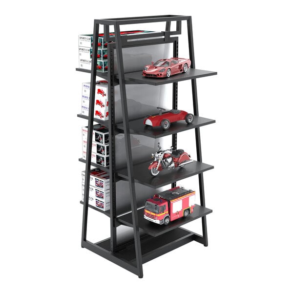 A black metal shelf with toy cars and boxes on it.