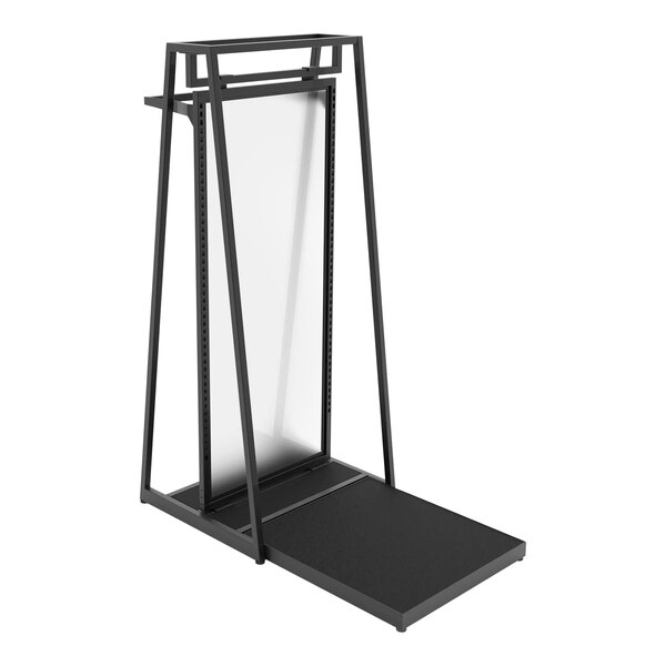 A glossy black double-sided retail display stand with a white frosted panel.