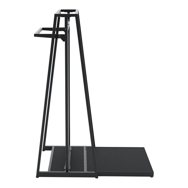 A glossy black metal Econoco A-frame stand with hangrails and a frosted panel.
