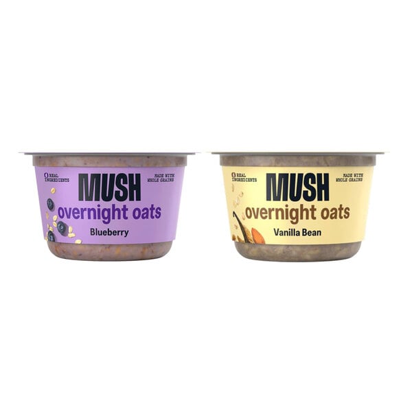 A case of 32 MUSH Blueberry and Vanilla Bean Overnight Oats containers with a purple label.