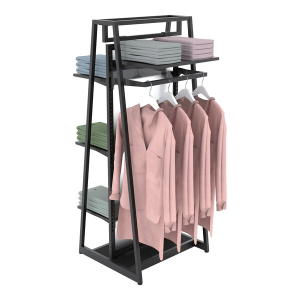 A black Econoco double-sided retail clothing rack with clothes on it.