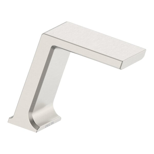 A silver Delta hands-free faucet with a square design.