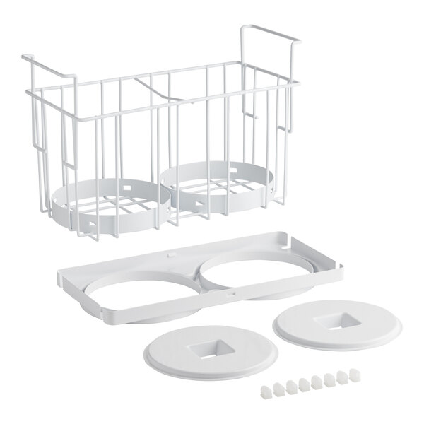 A white wire basket with two circles.