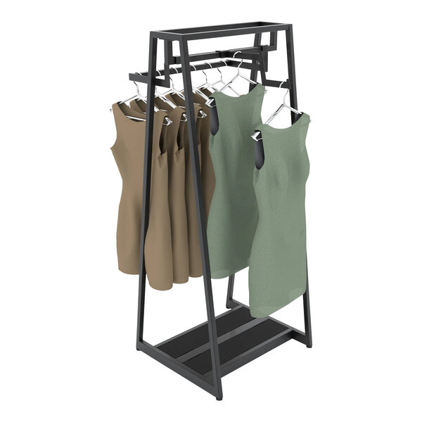 A glossy black Econoco double-sided retail clothing rack with dresses on it.