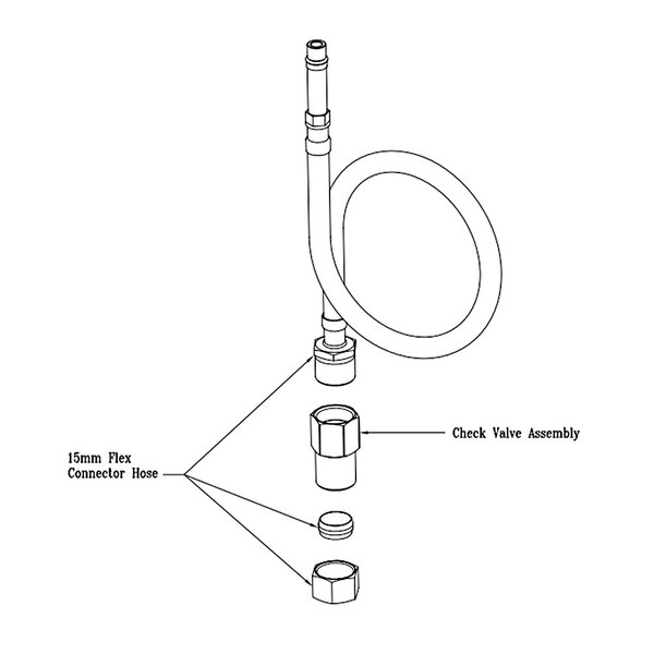 A T&S flex connector hose with check valve connected to a hose.