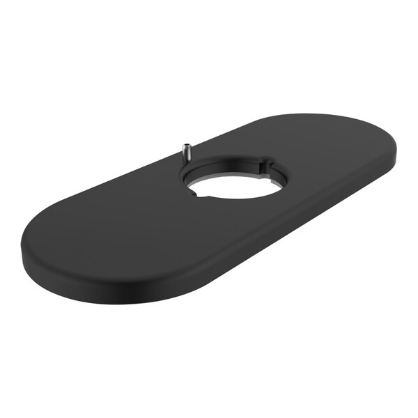 A matte black rectangular Delta faucet deck plate with a hole in it.