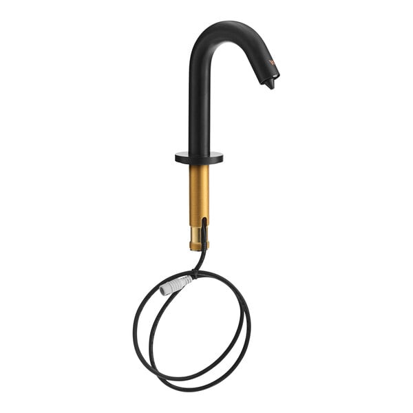 A close-up of a Waterloo matte black automatic soap dispenser with a foam spout.