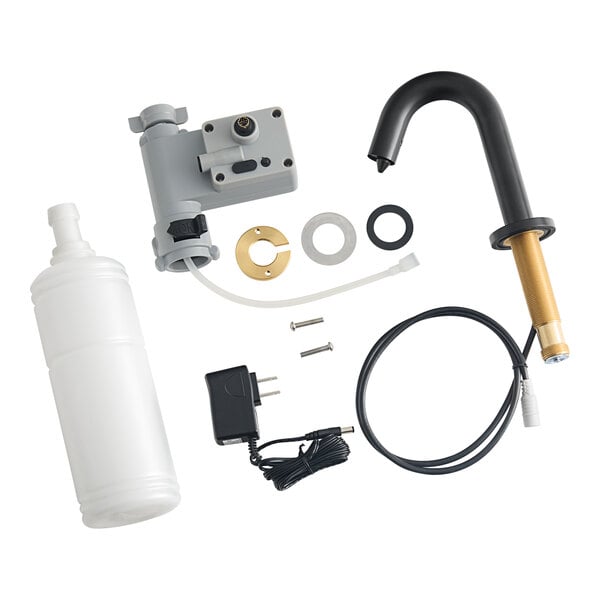 A Waterloo matte black automatic soap dispenser with a white plastic bottle and white cap.