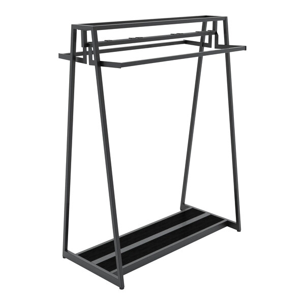 A glossy black metal double-sided clothing rack with hangrails and faceouts.