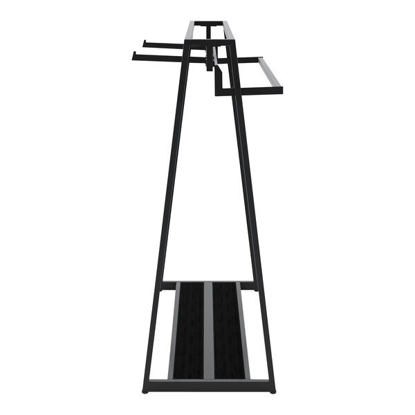 A glossy black metal Econoco A-frame retail clothing rack with hangrails and faceouts.