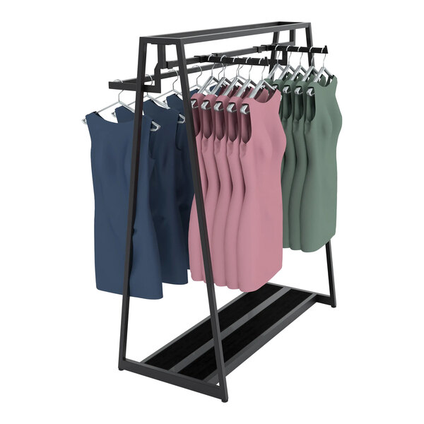 A glossy black Econoco double-sided retail clothing rack with dresses hanging on it.