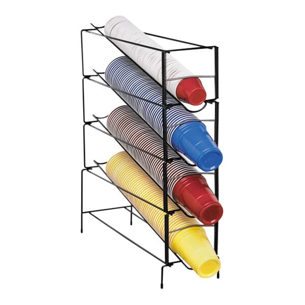 A black Dispense-Rite countertop cup dispenser with cups in it.