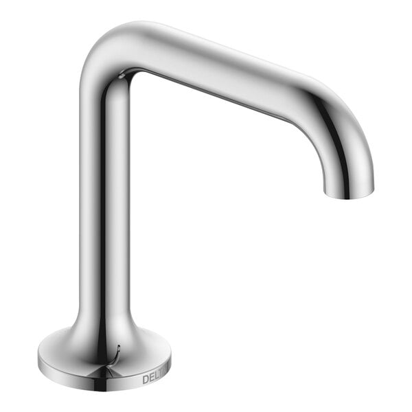 A silver Delta hands-free faucet with a round base.