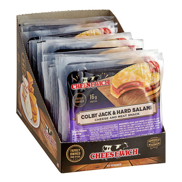 A package of Cheesewich salami and colby jack cheese sandwiches in a cardboard holder.