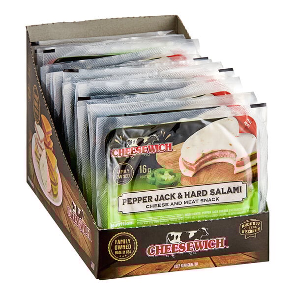 A package of Cheesewich salami and pepper jack cheese sandwiches in a box.