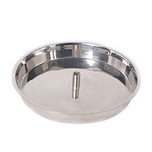 An Optimal Automatics aluminum drip pan with a metal handle.