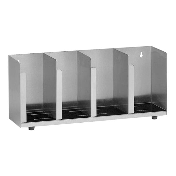 A stainless steel Dispense-Rite countertop holder with four sections.