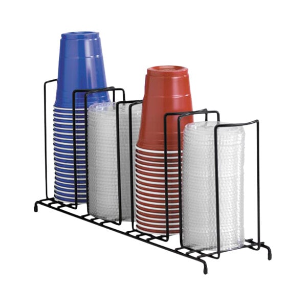 A Dispense-Rite black wire rack holding cups and lids.