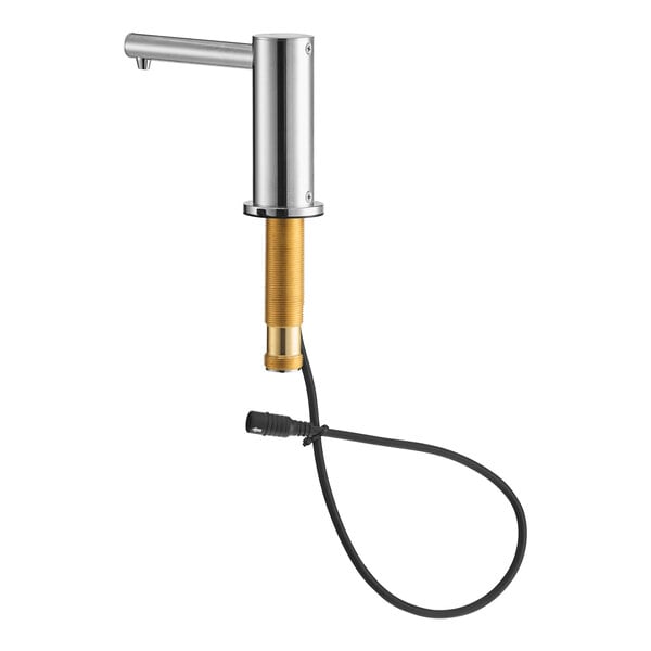 A silver Waterloo automatic deck mounted soap dispenser with a black cord.