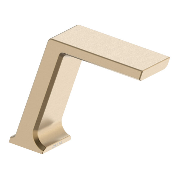 A Delta Champagne Bronze hands-free sensor faucet with a curved design.