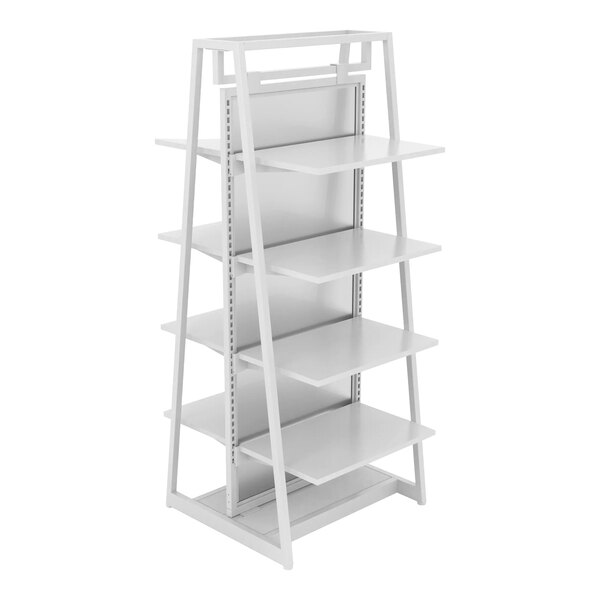 A white metal shelving unit with shelves.
