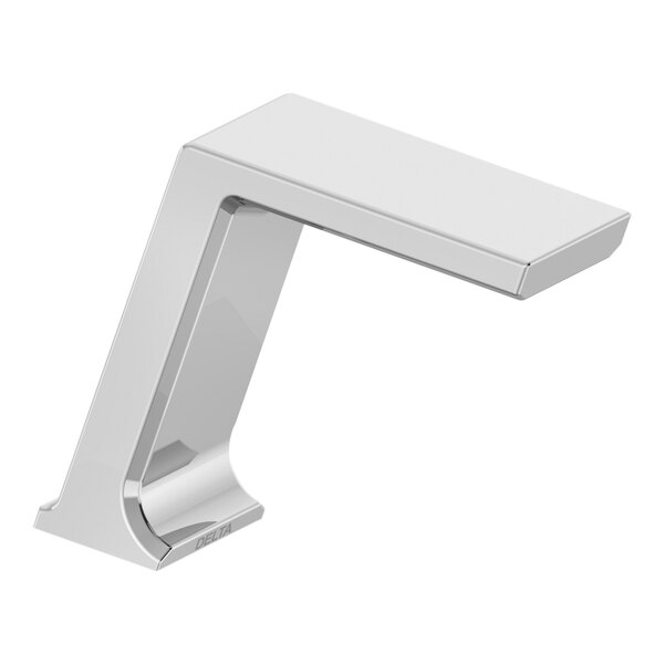 A silver faucet with a white background.