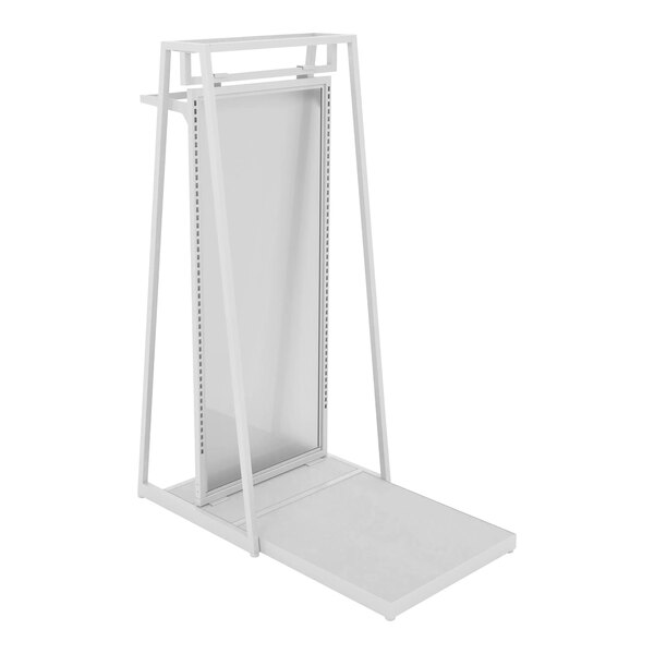 A white display stand with a white frame and a shelf on top.