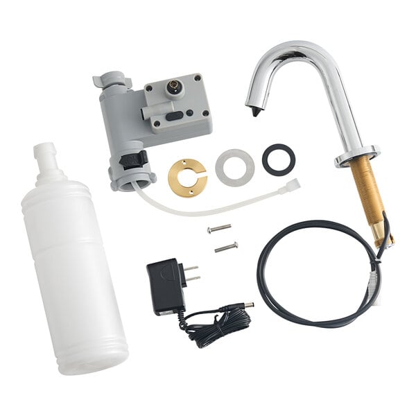 A Waterloo chrome soap dispenser with a white plastic bottle and foam spout.