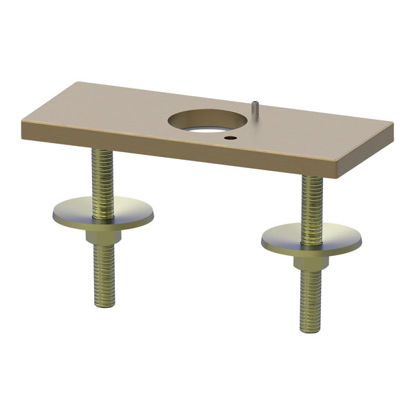A wood and metal Delta rectangular faucet deck plate with screws and a bolt.