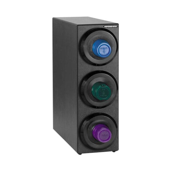 A close-up of a black Dispense-Rite box with multi-colored caps inside.