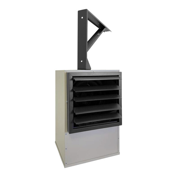 A white box with a grey rectangular object on the front and a large black vent.