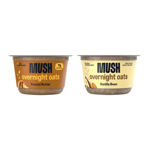 A variety of containers of MUSH Peanut Butter and Vanilla Bean Overnight Oats with a jar of MUSH Peanut Butter on the side.