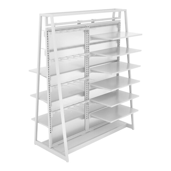 A white metal Econoco shelving unit with shelves on it.